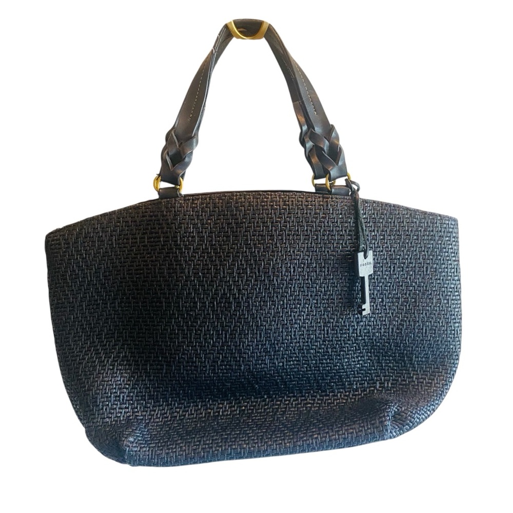 FOSSIL Black Natural Woven Fiber Satchel
